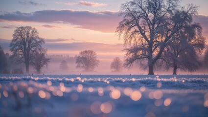 Winter landscape at dawn with frost and colorful sky over trees in a serene park setting