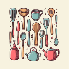 High-quality vector illustration of Hand Drawn kitchen utensils, perfect for creative design, branding, and digital artwork.