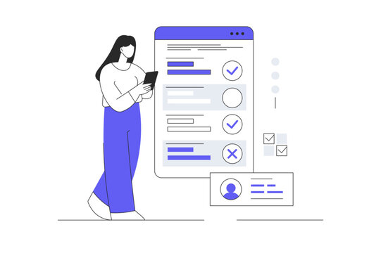 Online survey concept. Woman Character put cross or tick in questionnaire or quiz on web page with phone. Flat Cartoon Vector Illustration, icon. Stylish abstract Flat design for website