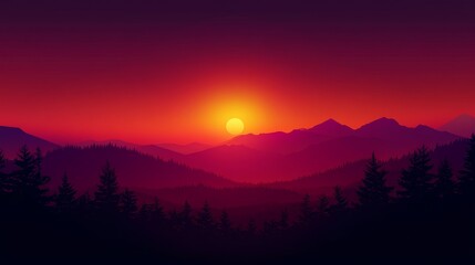Fototapeta premium Majestic Sunset Over Mountain Range - Vibrant sunset casting warm hues over a silhouetted mountain range and coniferous forest. Peaceful and serene landscape