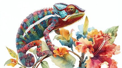Obraz premium A colorful chameleon on a branch with flowers.
