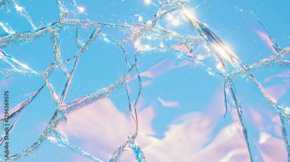 Poster iridescent broken glass on sky background for abstract decorative design