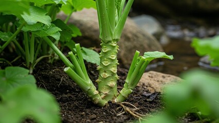 Obraz premium Mature wasabi root growing in rich soil