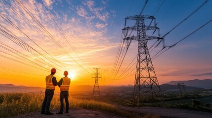 Fototapeta premium Engineers Inspecting Power Grid Towers at Sunset: Ensuring Reliable Energy Transmission