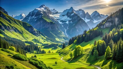 Serene Mountain Valley with Lush Green Slopes and a Winding River Path Under a Bright Sunny Sky