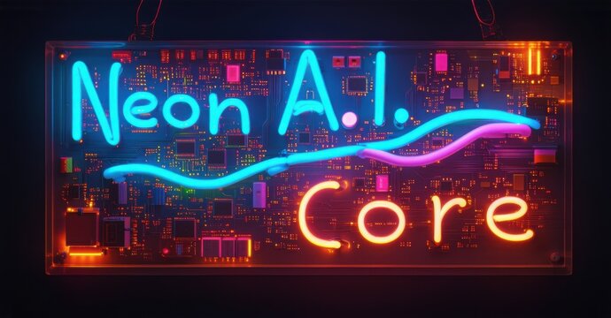 Neon sign i core glowing futuristic processing unit vibrant waves running it bright colorful realistic photo