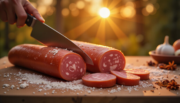 Slicing artisanal lukanka during sunset, warm rustic ambiance