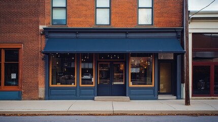 Brick Building Shopfront with Dark Blue Awning