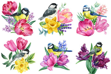 watercolor birds, spring floral bouquet. Delicate songbird with garden flowers, realistic nature inspired bird, flower 