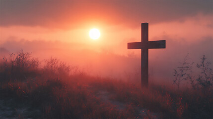 A wooden cross standing on a green hill at sunrise, with golden light shining through the clouds.