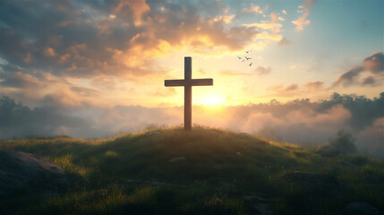 A wooden cross standing on a green hill at sunrise, with golden light shining through the clouds.