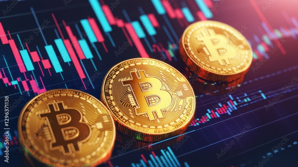 Poster bitcoin cryptocurrency pile of coins on a reflective surface with digital background and circuit pat