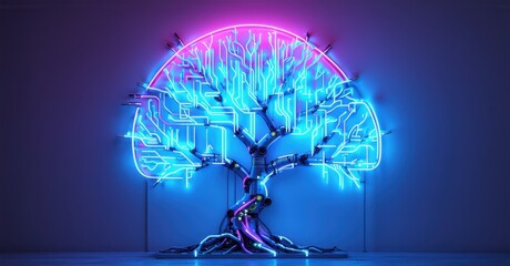 Neon sign neural utopia robotic tree glowing circuits forming branches futuristic energy source bright colorful realistic photo