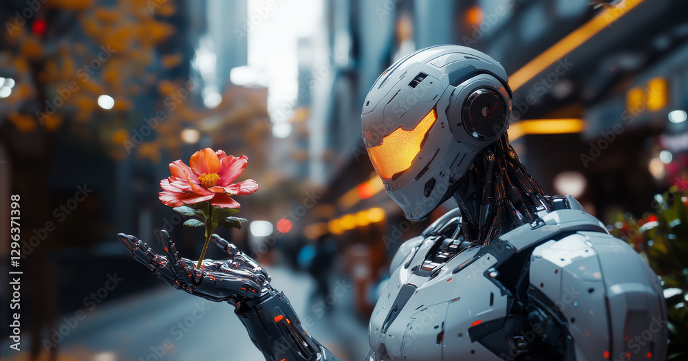 Poster a humanoid robot in a busy city gently holds a flower, symbolizing the harmony between technology an