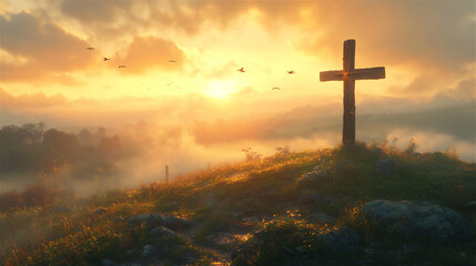 A wooden cross standing on a green hill at sunrise, with golden light shining through the clouds.