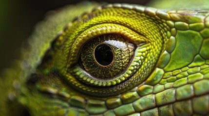Fototapeta premium Closeup portrait dragon green eye of wild reptile animal. AI generated image