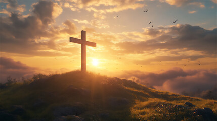 A wooden cross standing on a green hill at sunrise, with golden light shining through the clouds.