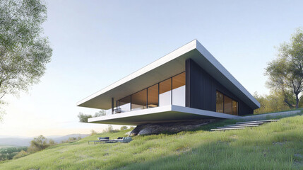 Modern house on a grassy hill with a cantilevered design
