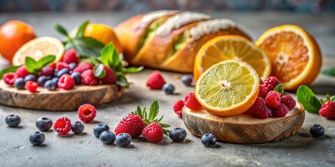 A delectable arrangement of fresh raspberries, blueberries, lemon, and orange slices artfully displayed on rustic wooden boards, complemented by a freshly baked loaf