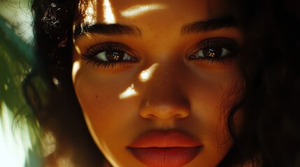 Fototapeta premium A close-up captures the ethereal beauty of a Latin woman is face, her eyes sparkling with an inner light, her lips painted with a hint of mystery, her complexion flawless and luminous.