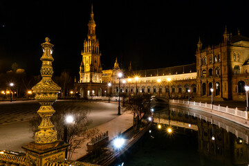 Night view of Plaza de España in Seville, Andalusia, Spain.
