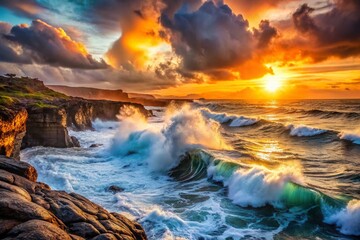 Fototapeta premium Dramatic Ocean Waves Crashing on Rocky Coastline at Sunset - Coastal Nature Photography