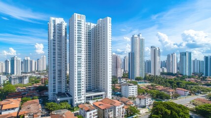 Panoramic View of Modern Skyscrapers in a Vibrant City Under a Sunny Sky