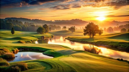 Fototapeta premium Serene Sunrise over Rolling Greens and Tranquil Waters of a Picturesque Landscape