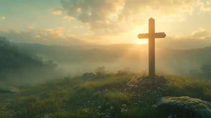 A wooden cross standing on a green hill at sunrise, with golden light shining through the clouds.