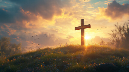 A wooden cross standing on a green hill at sunrise, with golden light shining through the clouds.
