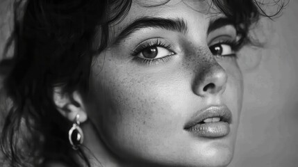 A young woman is face, adorned with sparkling earrings, exudes an air of timeless elegance and youthful charm.