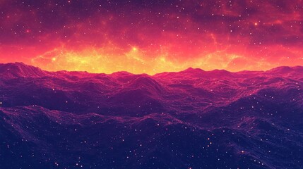 Abstract digital landscape with particles dots and stars on horizon