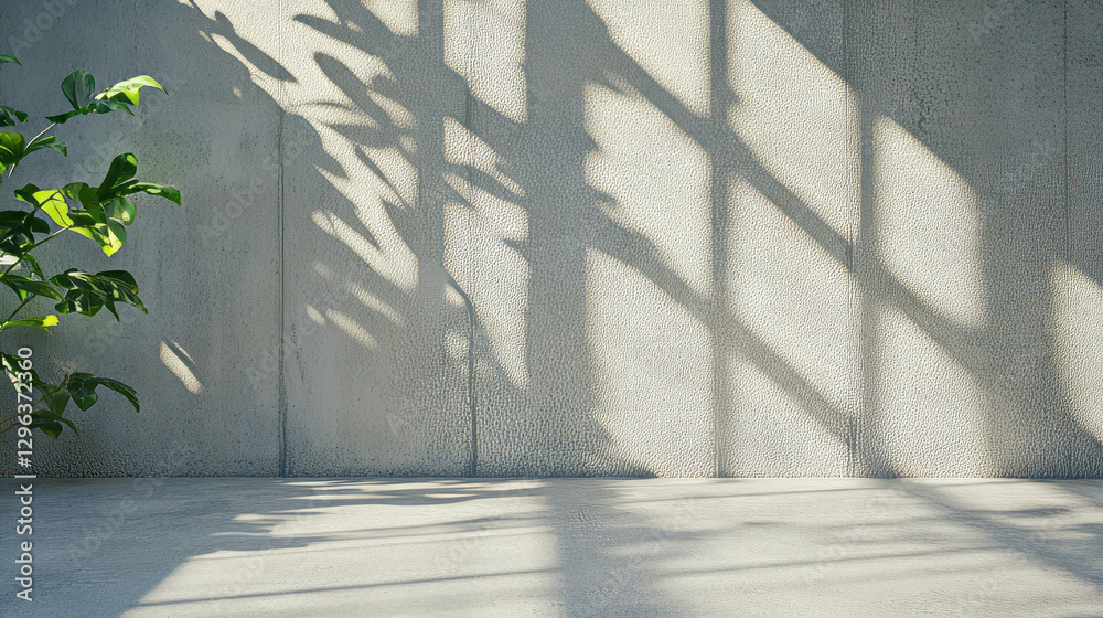 Poster sunlit concrete surface with leaf shadows and subtle texture for modern design