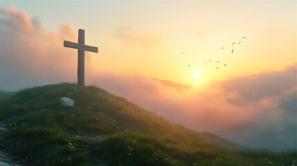 A wooden cross standing on a green hill at sunrise, with golden light shining through the clouds.