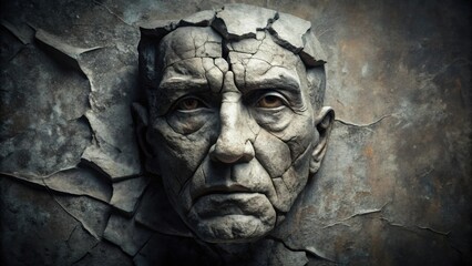 Obraz premium A Weathered Stone Carving of a Man's Face, Embedded in a Cracked Wall, Evokes a Sense of Age, History, and the Passage of Time