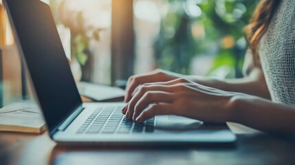 Woman Typing on Laptop in a Cozy Coffee Shop