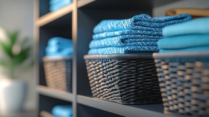 Organized blue textiles in closet baskets