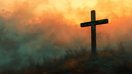 A wooden cross standing on a green hill at sunrise, with golden light shining through the clouds.