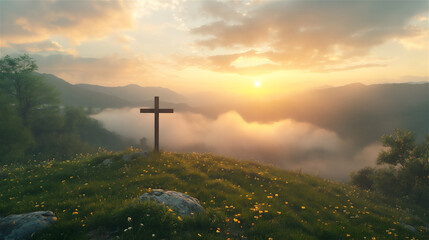A wooden cross standing on a green hill at sunrise, with golden light shining through the clouds.