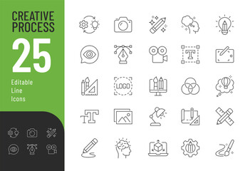 Creative Process Line Editable Icons set. Vector illustration in modern thin line style of design related icons: imagination, tools, areas of creative activity, and more.