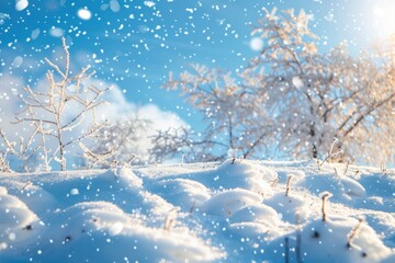 Winter Christmas snowy landscape with snowdrifts and soft fluffy trees against the blue sky day time.