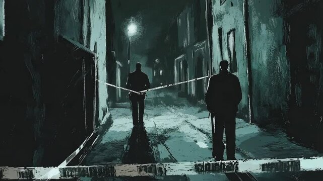 A crime scene at night, police tape strung across a dark alley, detectives investigating the area under dim street lights.	An animated noir comics illustration.