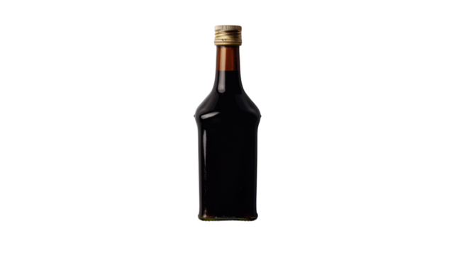 Glass bottle containing dark liquid on transparent background