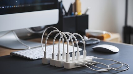 A set of charging cables in different lengths, neatly arranged on a desk.