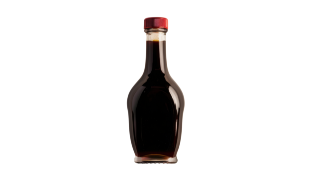 Glass sauce bottle filled with dark liquid on transparent background
