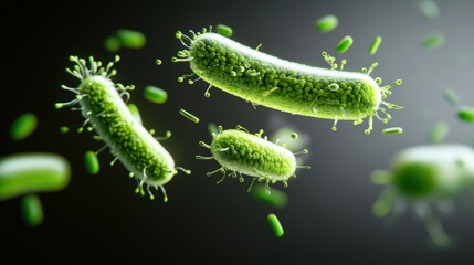 Fototapeta premium Microscopic close-up of a cluster of green bacteria under a microscope in a laboratory setting