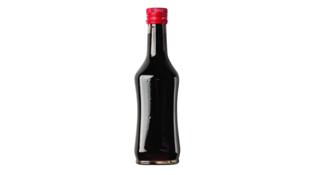 Soy sauce bottle with red cap on transparent background