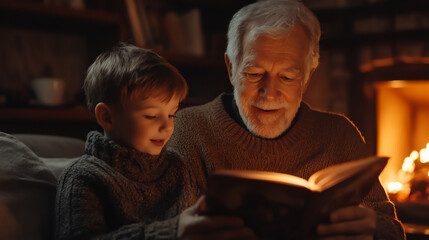 Family Reading by the Fireplace – Grandfather and Grandson reading a book in a warm atmosphere