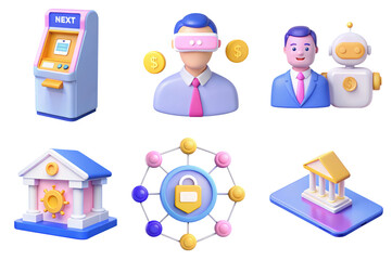 Fototapeta premium A collection of 3D icons representing banking, technology, and finance, including an ATM, a virtual user, a robot, and secure transaction elements.