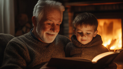 Family Reading by the Fireplace – Grandfather and Grandson reading a book in a warm atmosphere